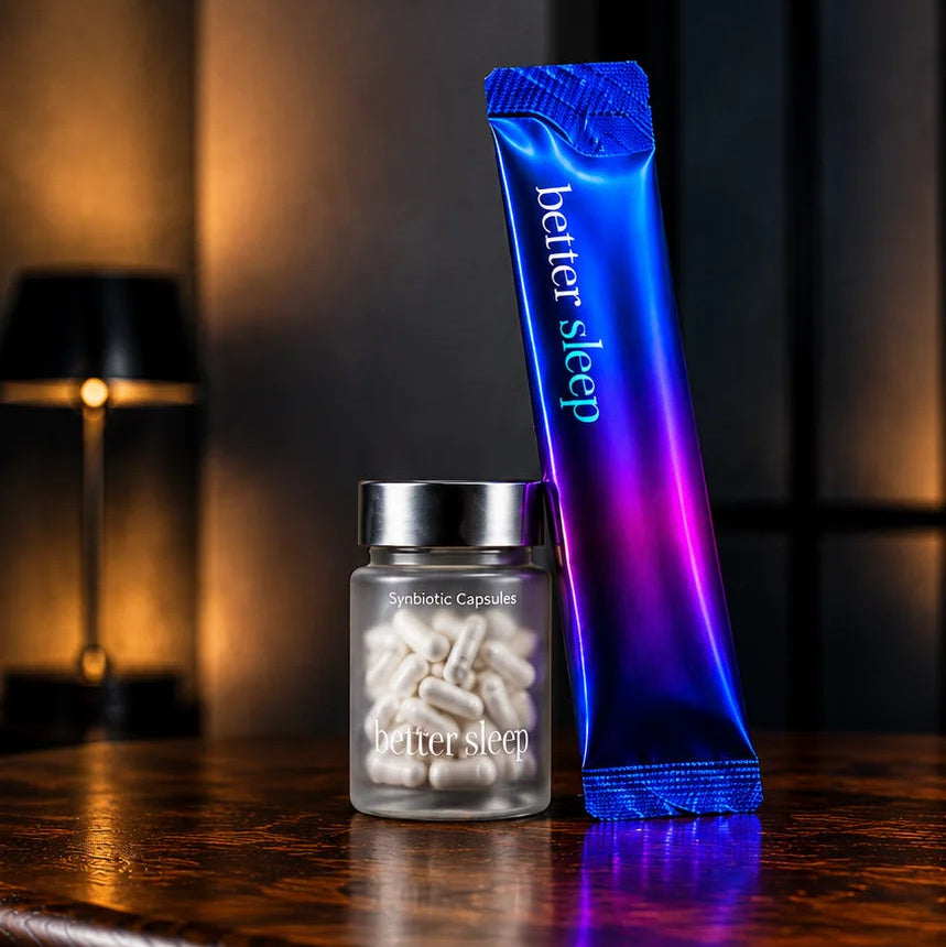 A blue and purple iridescent stick pack labeled 'better sleep' stands next to a small clear jar filled with white capsules on a dark wooden table, with warm ambient lighting in the background.